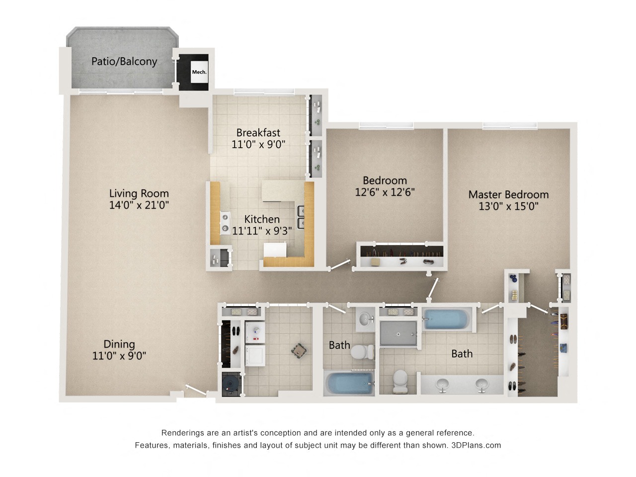 Floor plan layout diagram for 2 Bedroom 2 Bath Type E